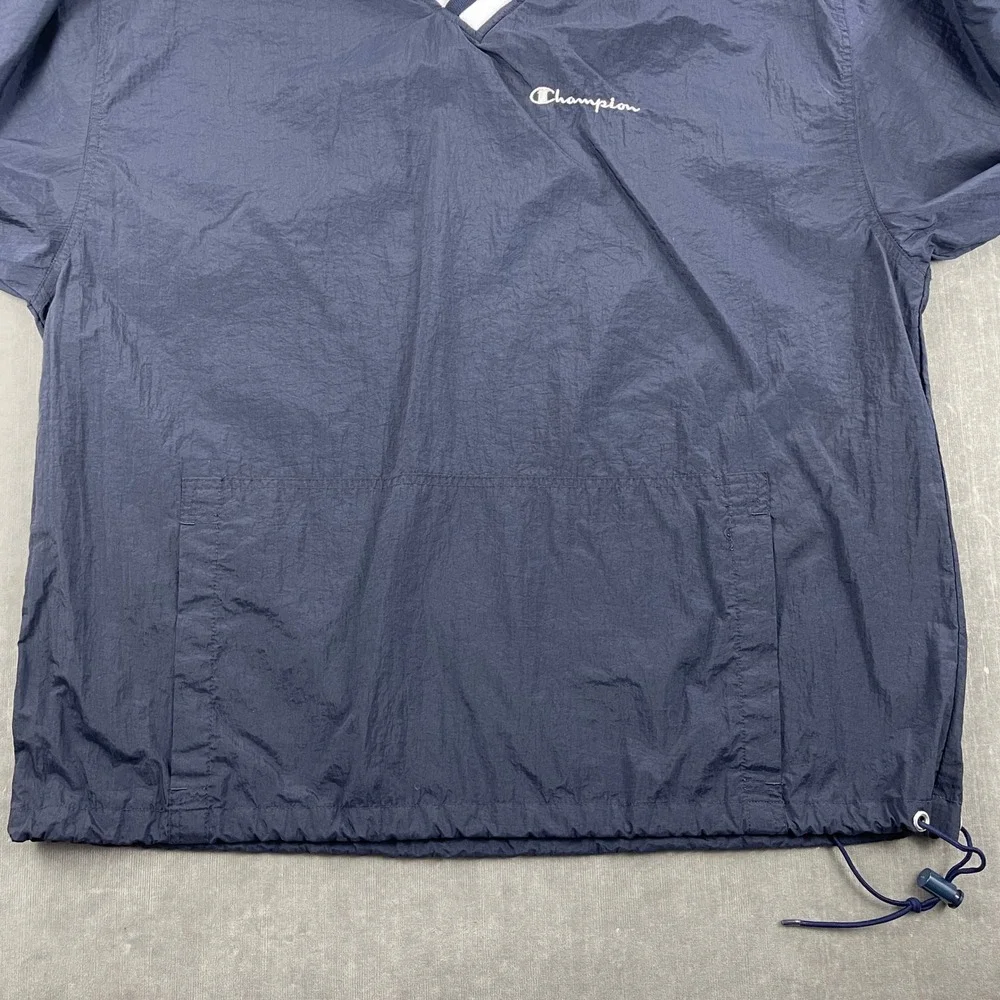 Vintage Champion Men Large Navy Blue Windbreaker Pullover V-Neck Kangaroo Pocket
